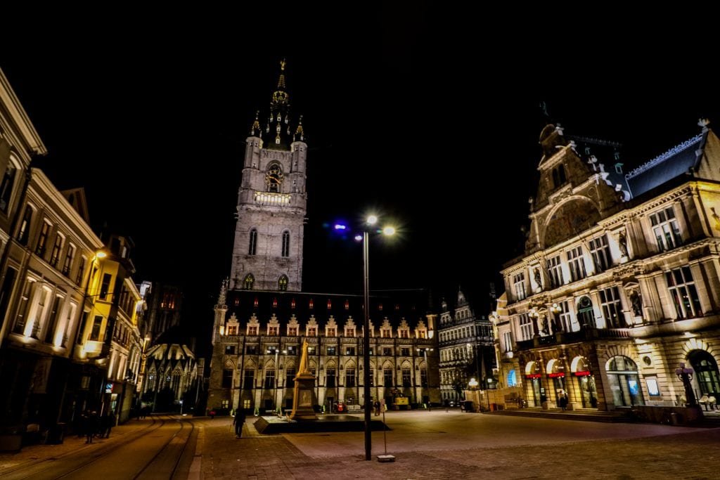 Belfry and Watch Tower at night in Ghent Belgium